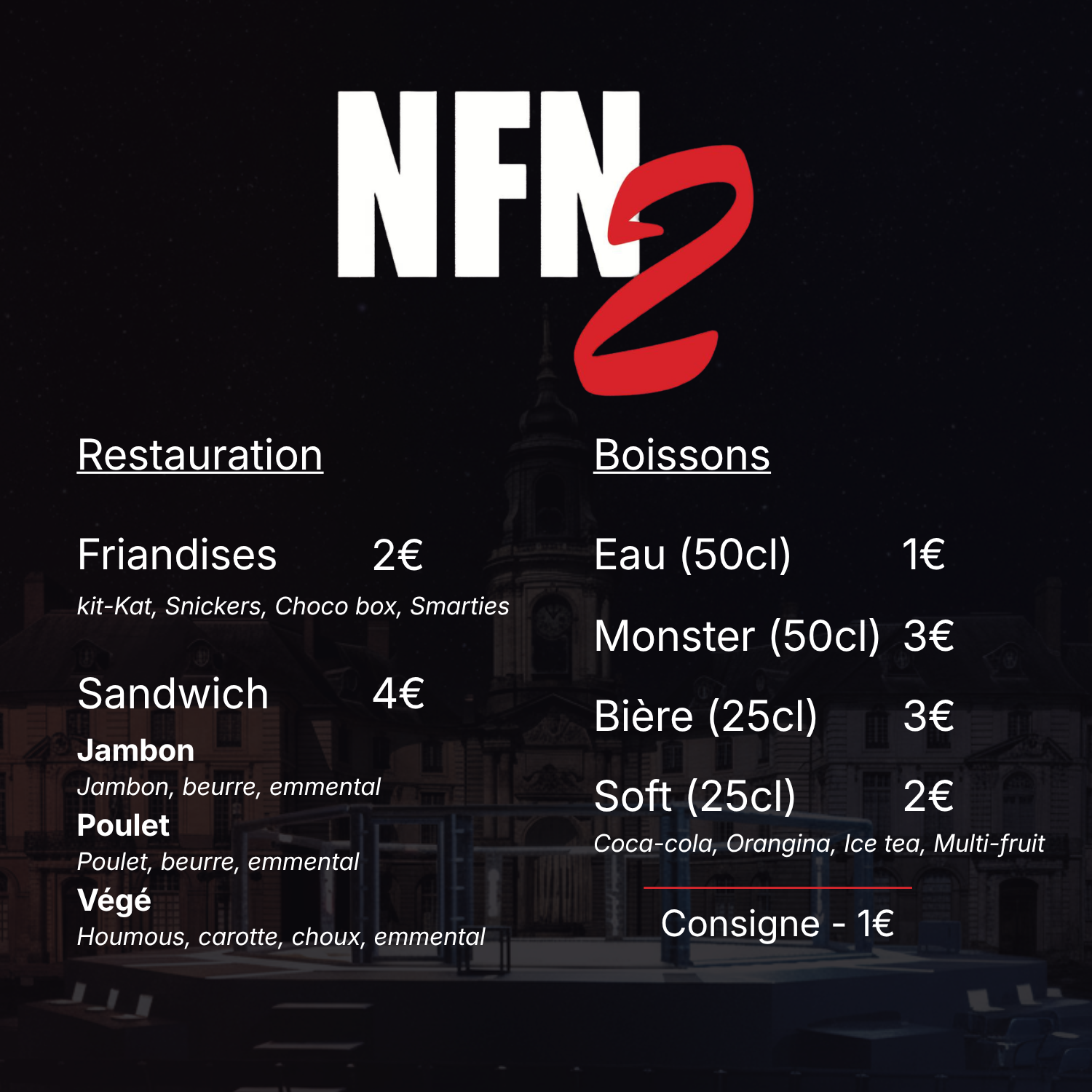 Menu restauration et boissons - Noyal Fight Night 2